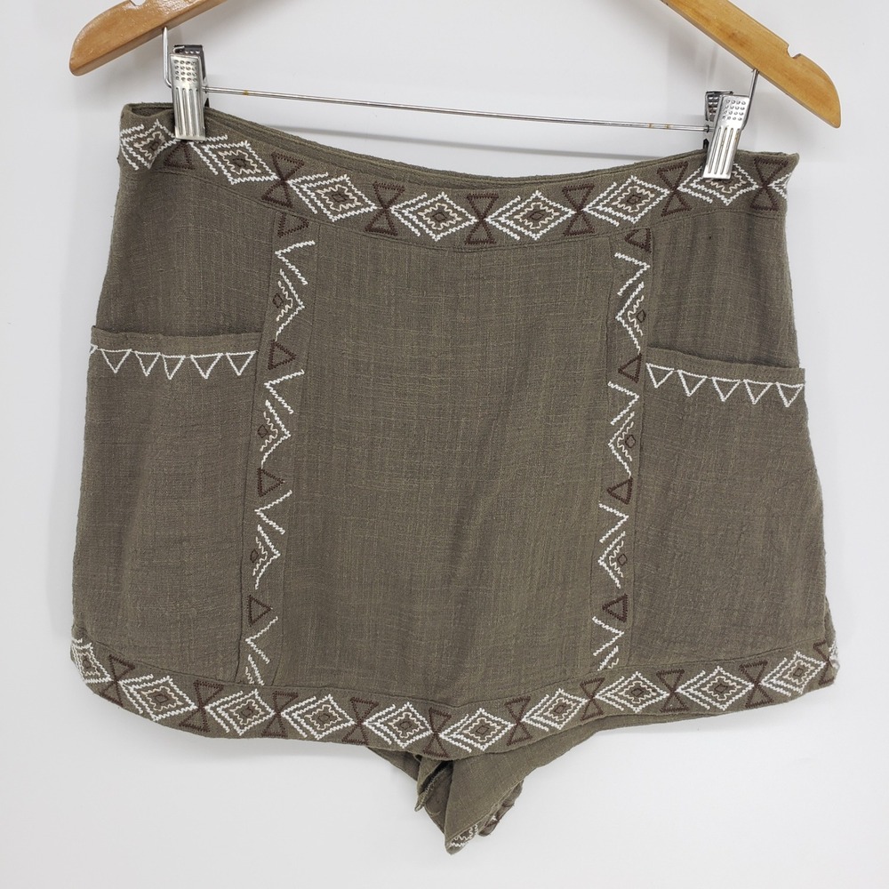 Ellison Embroidered Geometric Skort Shorts Womens L Olive Green Boho Cotton